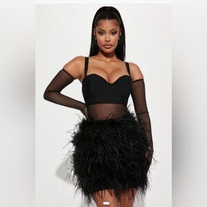 NWT Fashion Nova Feather Mini Dress with gloves.